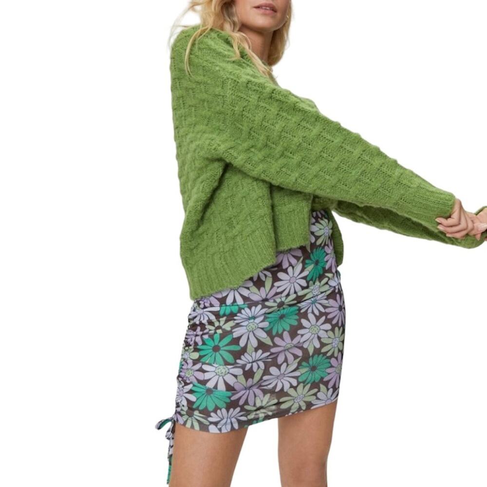 Nasty Gal Green Floral Ruched Side Mesh Bodycon Boho Style Mini Skirt Size 6